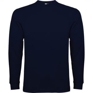 A navy long-sleeved T-shirt featuring a crew neck and a logo.