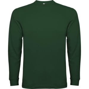 A green long-sleeved t-shirt displayed flat, featuring a round neck and long sleeves. It has a logo on the front.