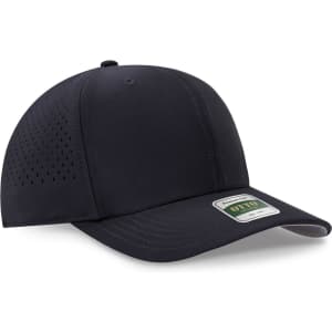 A navy cap featuring a perforated design and a logo on the side.