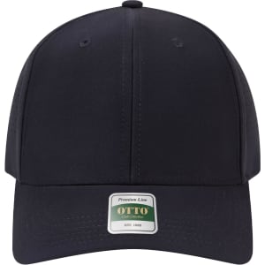 A navy blue cap with a rounded crown and perforated design, featuring a logo on the front.