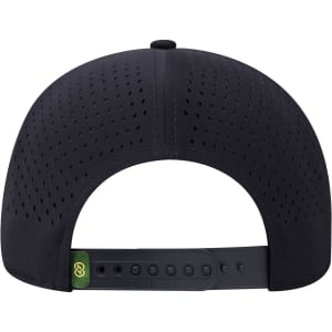 A black perforated cap featuring a structured six-panel design and an adjustable strap at the back.