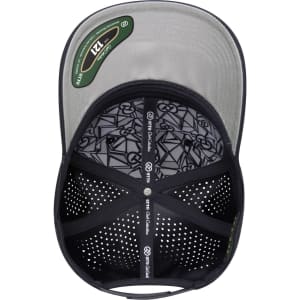 An interior view of a black perforated cap with a patterned lining and a grey underside of the brim.