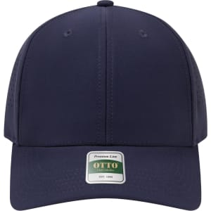 A navy blue six-panel perforated cap featuring a logo badge on the front.