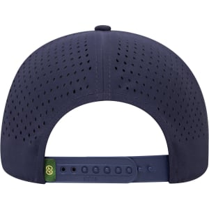 A navy blue perforated cap featuring a snapback closure and a logo on the side.