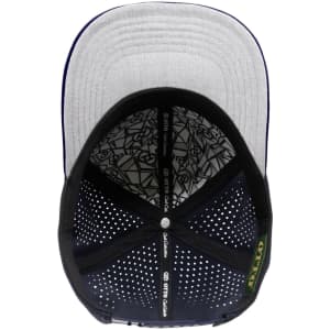 A perforated cap featuring a grey top and a black underside, with a decorative inner lining and a logo.