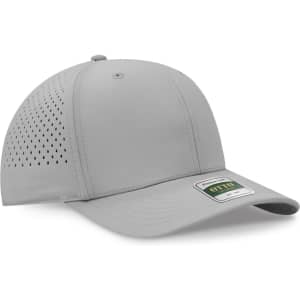 A grey perforated cap featuring a structured six-panel design and a logo on the front.