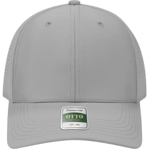 A grey perforated cap with a structured six-panel design and a logo on the front.