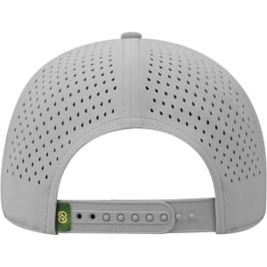 A grey perforated cap with a snapback closure and a logo on the side. The design features ventilation holes.