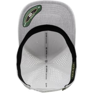 A grey perforated cap with a structured 6-panel design and an interior lining featuring ventilation details.