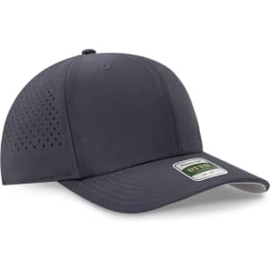 A dark grey perforated cap featuring a curved brim and a logo on the front.