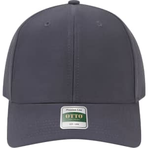 A grey perforated cap featuring a rounded crown and a logo label on the front.
