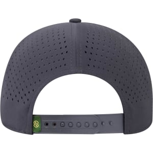 A grey perforated cap featuring an adjustable strap and a branding logo on the side.