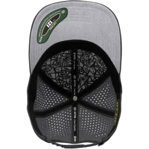 A perforated grey cap with a black interior and an interior pattern, featuring a logo on the inside.