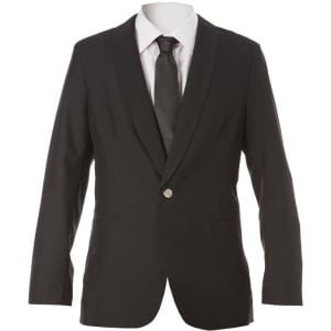 A black Vittorio Jacket featuring a single button and a classic lapel design, paired with a tie.