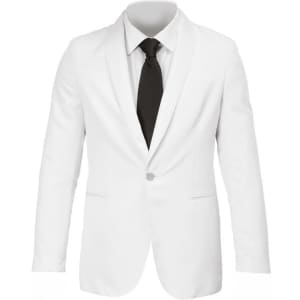 A white jacket with a sleek design, featuring a black tie and a single button closure. It has a logo on the label.