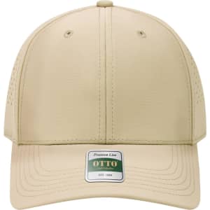 A beige perforated cap with a structured six-panel design and a logo on the front.