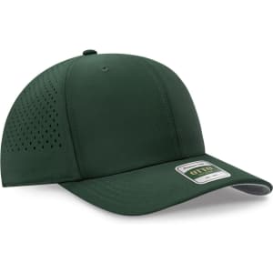 A dark green six-panel cap with perforated sides and a fitted design. It features a logo on the front.