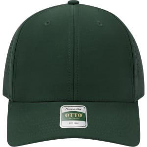 A green perforated cap with a structured six-panel design and a logo.
