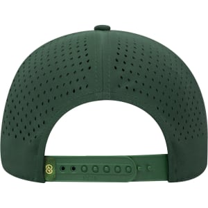 A green perforated cap with a snapback closure and a logo on the back.