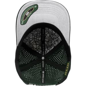 A grey and black perforated cap with a stylish interior design and a logo on the interior band.