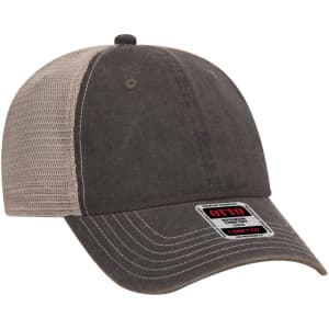 A grey and beige 6 panel soft poly baseball cap with a mesh backing and a logo.