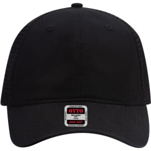 A black 6 panel low profile trucker dad cap with a branded label on the front.