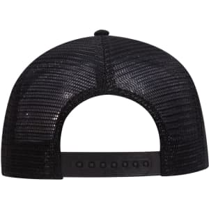 A black low profile trucker dad cap featuring a mesh back and an adjustable strap. Includes a logo.