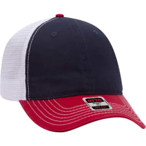 A navy and red six-panel low profile trucker dad cap with a mesh back and a small logo.