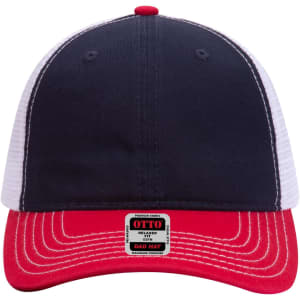 A 6 panel low profile trucker dad cap featuring a navy blue front, white mesh sides, and a red brim. Includes a logo.