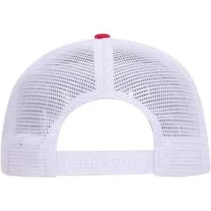 A white low profile trucker cap with a mesh back and a red button on top. Features an adjustable strap.