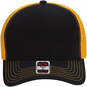 A black and yellow 6-panel low profile trucker cap featuring a logo on the front and a mesh back.