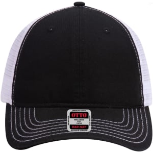 A black and white 6-panel low profile trucker dad cap with a logo on the front and contrasting stitching.