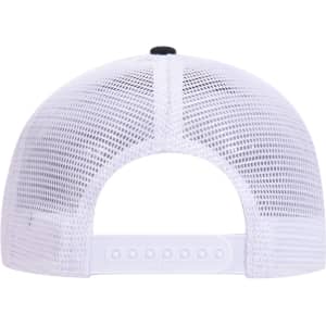 A white 6 panel low profile trucker dad cap with a mesh back and adjustable strap. Features a logo on the back.