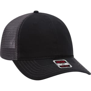 A low-profile black trucker dad cap with a mesh back and a logo on the front.