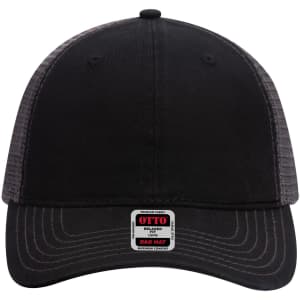 A black 6-panel low profile trucker dad cap with a mesh back and a logo tag on the front.