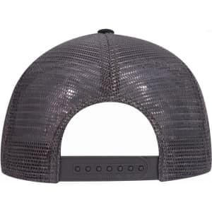 A grey 6 Panel Low Profile Trucker Dad Cap featuring a mesh back and an adjustable snap closure.