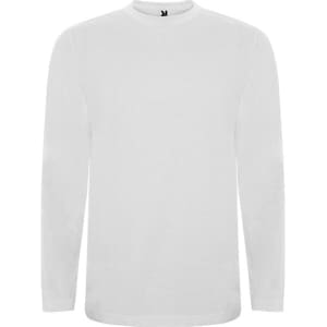 A white long-sleeved T-shirt with a round neck and a logo on the collar. Suitable for casual wear.