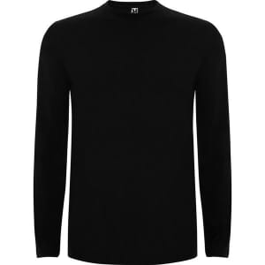 A black extreme long sleeve t-shirt with a crew neck and a branding logo on the neckline.