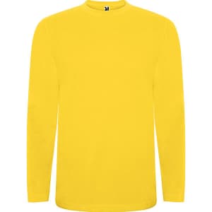 A long-sleeved t-shirt in bright yellow with a logo on the neckline.