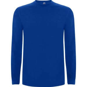 A blue extreme long sleeved T-shirt with a round neckline and a branded label at the collar.