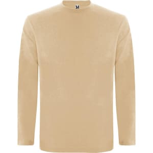 A beige long-sleeved T-shirt with a round neck and a logo at the collar.