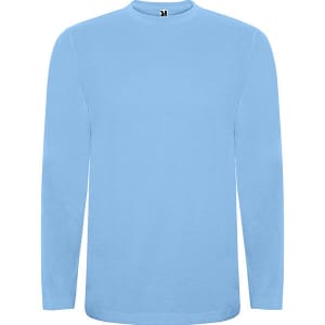 A light blue long-sleeved T-shirt featuring a crew neck and a brand logo.