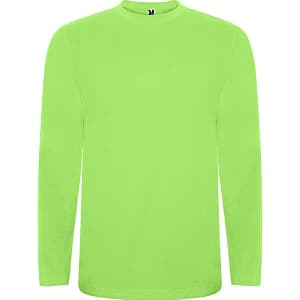 A bright neon green long-sleeved T-shirt with a round neckline and a logo on the collar.