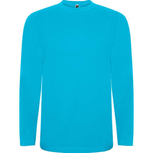 A long-sleeved t-shirt in a vibrant turquoise colour, featuring a simple design and a logo at the collar.