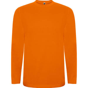 An orange long-sleeved T-shirt with a round neckline and a brand logo on the tag.