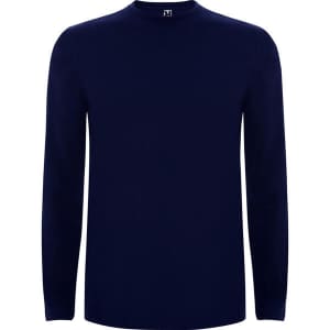 A navy blue long-sleeved t-shirt with a crew neck and a logo on the collar.
