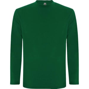 A green long-sleeved t-shirt with a round neckline and a small logo on the label.