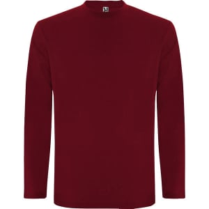 A red long-sleeved t-shirt with a round neck and a logo on the label.