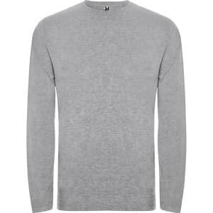 A grey long-sleeved t-shirt with a round neckline and a small logo at the collar.