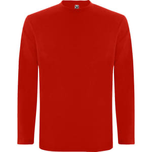A bright red long-sleeved t-shirt with a round neck and a branding label at the collar.